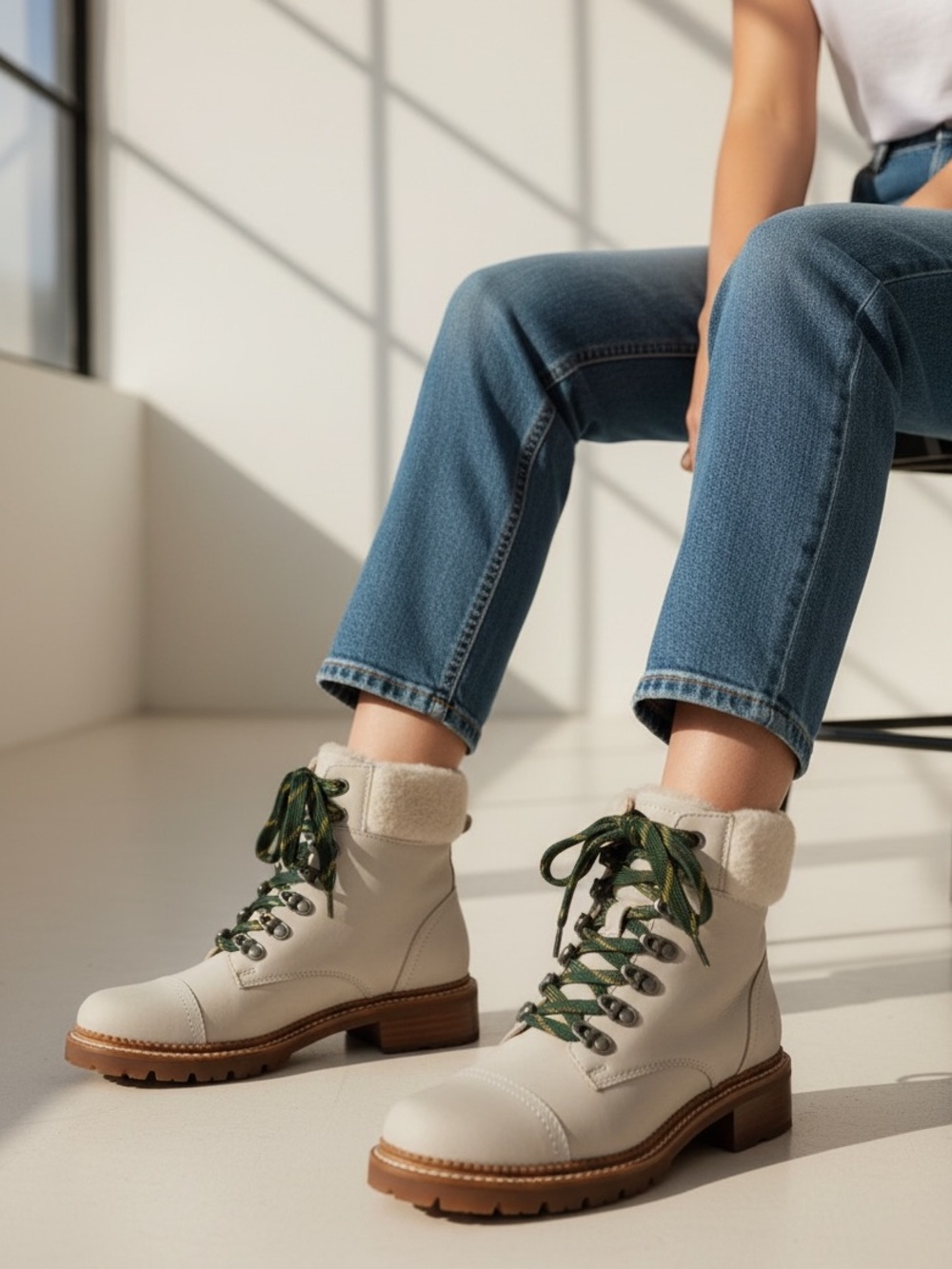 Frye Samantha Hiker Women Cream Lace-Up Faux Shearling Ankle Boots Size 7 New